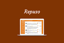 Repuso brand name said here with picture of the software for it's features and fairly dark brown background with it