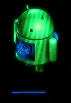 Android robot brand icon with green colour and blue colour like heart and black background