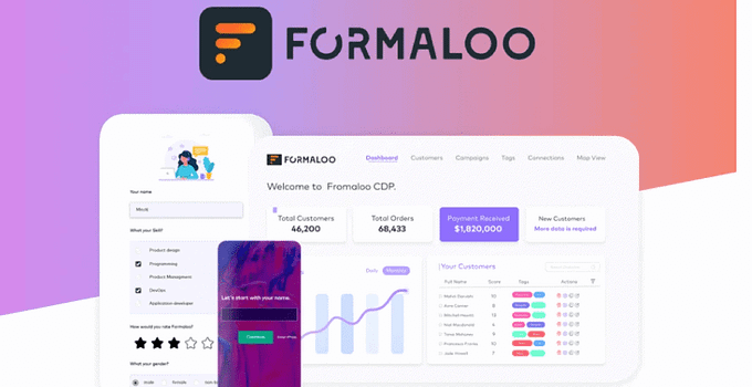 Shows Formaloo brand which is orange coloured line which goes from long line with each one below gets smaller with black coloured background for it. Says the word Formaloo at the top with light purple pink colour to it shows total customer of 46,200 and total orders of 68,433 payment of $1,820,000. New customers it says next to that. Shows a 3 star rating below that. shows charts and some other data as well
